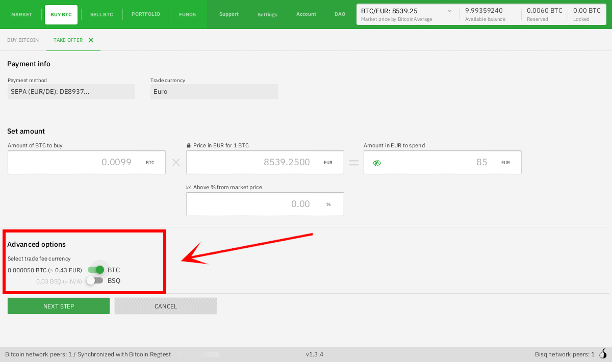 Bisq Advanced Options Fee Currency Selection